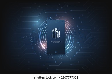 Abstrakter Web-Sicherheit Fingerabdruck Login mit Telefon- oder Handy-und Icons Konzept.Digitale Technologie 3D Mock-up Handy mit Hologramm und HUD-Schnittstelle.Moderner Smartphone-Präsentation Banner.