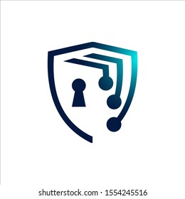 Abstract cyber security logo design vector. dot circle digital connection shield template.