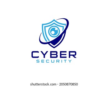 Abstract Cyber Security Logo Line. Blue Shield Icon Linear Style with Eye Lens Camera Combination isolated on White Background. Flat Vector Logo Design Template Element.