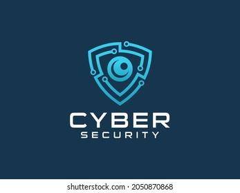 Abstract Cyber Security Logo Line. Blue Light Shield Icon Linear Style with Eye Lens Camera Combination isolated on Blue Background. Flat Vector Logo Design Template Element.