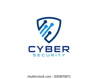 Abstract Cyber Security Logo Line. Blue Shield Icon Linear Style isolated on White Background. Flat Vector Logo Design Template Element.