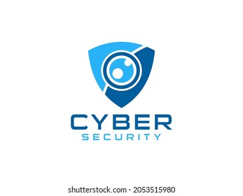 Abstract Cyber Security Logo Line. Blue Shield Icon Linear Style with Eye Lens Camera Combination isolated on White Background. Flat Vector Logo Design Template Element.
