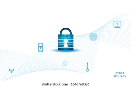 Abstrakte Cyber-Sicherheit mit Padlock-Blau auf weißer und Icon-Technologie Zukünftige Cyber-Hintergrund.