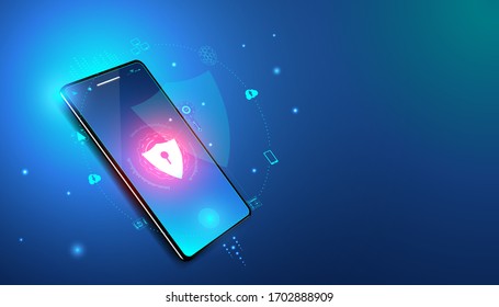 Abstract cyber security with phone and icons concept  Phone theft prevention By scanning the fingerprint And internet protection systems Data importing or exiting various devices.