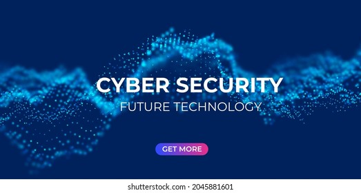 Abstract cyber security science conference background with blue particles. Flow wave with dot landscape. Digital data structure. Future mesh or sound grid. Technology vector illustration.