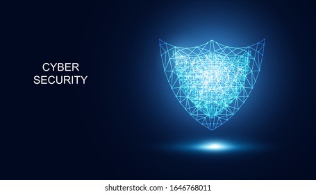 Abstract Cyber security with shield blue digital wireframe technology Future cyber background.