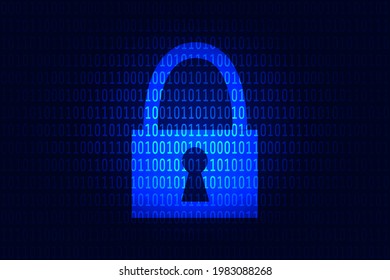 Resumen de la ilustración del vector de ciberseguridad en estilo plano. Bloqueo azul brillante y números binarios de matriz. Diseño de concepto de privacidad, protección y seguridad para sitio web, banner, afiche, presentación.