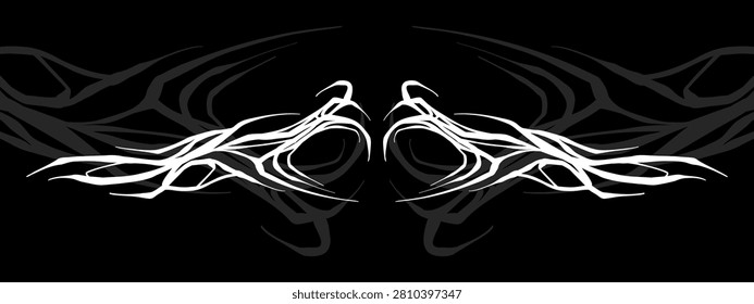 Abstract cyber sigilism horizontal vector graphic. Symmetrical gothic fluid claws and wings for streetwear sleeve print and tattoo design. Aggressive black and white Y2K style techwear art.