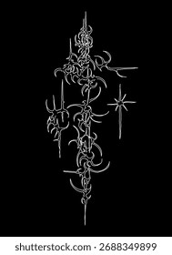 Vetor de ornamento cibersigilismo vertical tribal abstrato, arte da linha de tatuagem gótica para estética escura, roupas de rua ou uso de design digital