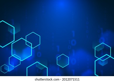 Abstrakter Hintergrund im Cyberspace mit unscharfem Hexagon und Zahlentext. Blaue Schnittstelle und Datensicherheit in der Kommunikation.
