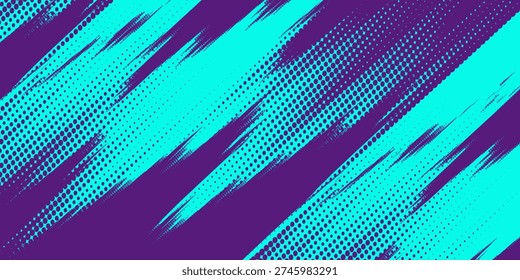 Abstract Cyberpunk Background with Cyan Brush Strokes and Halftone Dotted Pattern on Purple Texture