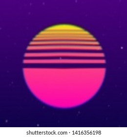 Abstract cyberpunk background with striped alien sun. Retro futuristic backdrop with glitch effect. Vector illustration of a distorted surface with aesthetics of vaporwave style of 80's.