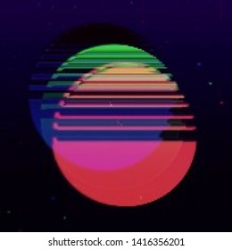 Abstract cyberpunk background with striped alien sun. Retro futuristic backdrop with glitch effect. Vector illustration of a distorted surface with aesthetics of vaporwave style of 80's.