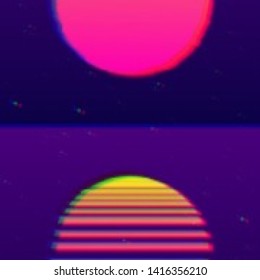 Abstract cyberpunk background with striped alien sun. Retro futuristic backdrop with glitch effect. Vector illustration of a distorted surface with aesthetics of vaporwave style of 80's.