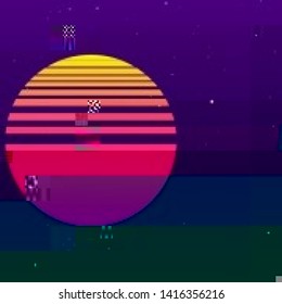 Abstract cyberpunk background with striped alien sun. Retro futuristic backdrop with glitch effect. Vector illustration of a distorted surface with aesthetics of vaporwave style of 80's.