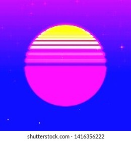 Abstract cyberpunk background with striped alien sun. Retro futuristic backdrop with glitch effect. Vector illustration of a distorted surface with aesthetics of vaporwave style of 80's.