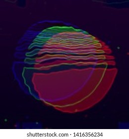 Abstract cyberpunk background with striped alien sun. Retro futuristic backdrop with glitch effect. Vector illustration of a distorted surface with aesthetics of vaporwave style of 80's.