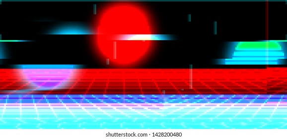 Abstract cyberpunk background with striped alien sun and light grid surface. Retro futuristic backdrop with glitch effect. Distorted pattern with aesthetics of vaporwave style of 80's. Retrowave.