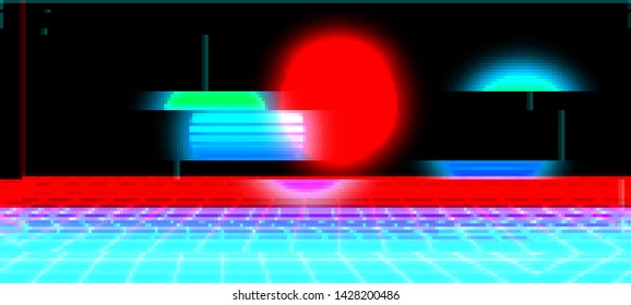 Abstract cyberpunk background with striped alien sun and light grid surface. Retro futuristic backdrop with glitch effect. Distorted pattern with aesthetics of vaporwave style of 80's. Retrowave.