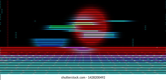 Abstract cyberpunk background with striped alien sun and light grid surface. Retro futuristic backdrop with glitch effect. Distorted pattern with aesthetics of vaporwave style of 80's. Retrowave.