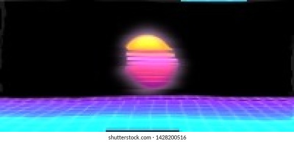 Abstract cyberpunk background with striped alien sun and light grid surface. Retro futuristic backdrop with glitch effect. Distorted pattern with aesthetics of vaporwave style of 80's. Retrowave.