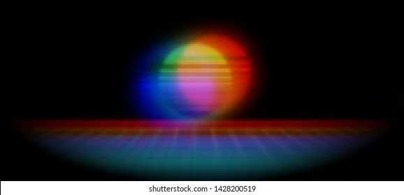 Abstract cyberpunk background with striped alien sun and light grid surface. Retro futuristic backdrop with glitch effect. Distorted pattern with aesthetics of vaporwave style of 80's. Retrowave.