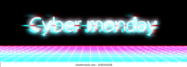 Abstract cyberpunk background with text "Cyber monday". Retro futuristic backdrop with glitch effect. Vector illustration of a distorted surface with aesthetics of vaporwave style of 80's.