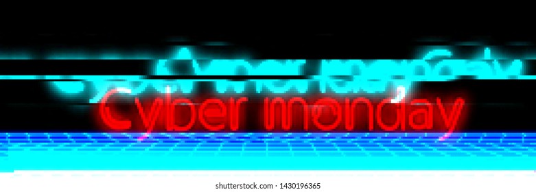 Abstract cyberpunk background with text "Cyber monday". Retro futuristic backdrop with glitch effect. Vector illustration of a distorted surface with aesthetics of vaporwave style of 80's.