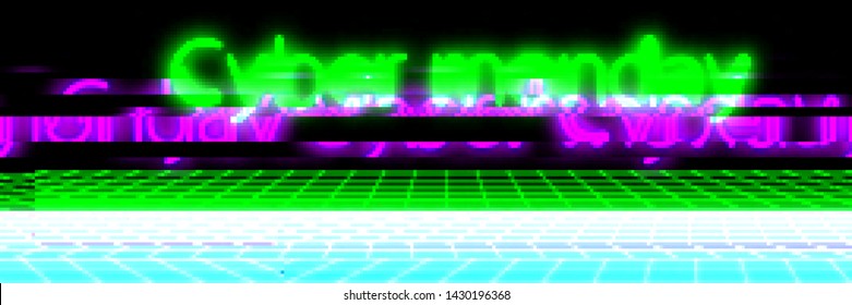 Abstract cyberpunk background with text "Cyber monday". Retro futuristic backdrop with glitch effect. Vector illustration of a distorted surface with aesthetics of vaporwave style of 80's.