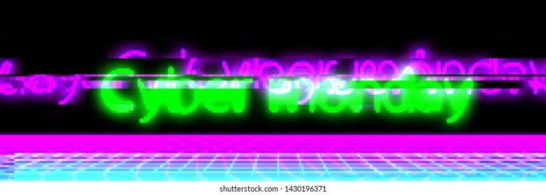 Abstract cyberpunk background with text "Cyber monday". Retro futuristic backdrop with glitch effect. Vector illustration of a distorted surface with aesthetics of vaporwave style of 80's.