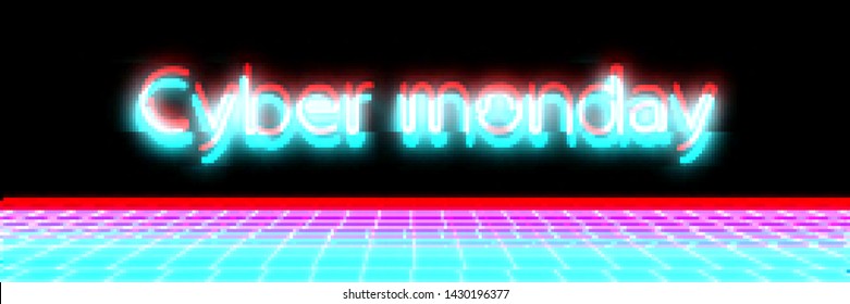 Abstract cyberpunk background with text "Cyber monday". Retro futuristic backdrop with glitch effect. Vector illustration of a distorted surface with aesthetics of vaporwave style of 80's.