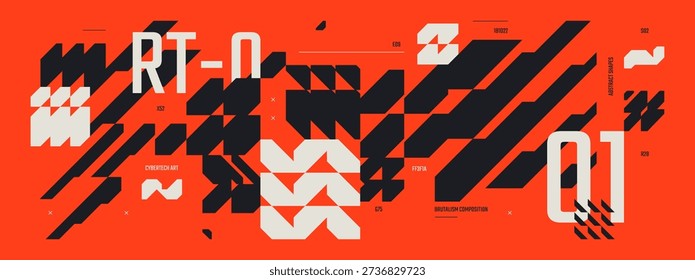 Abstract cyberpunk banner with future tech geometric elements, design in Ski Fi style, Flat futuristic background with brutalism shapes, technology Hi Tech y2k ornament, Cyberspace gaming dashboard