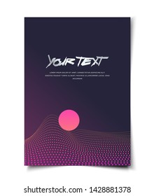 abstract cyberpunk style with dotted dynamic wavy surface and planet, background layout, cover, poster, wallpaper design template