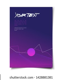 abstract cyberpunk style with dotted dynamic wavy surface and planet, background layout, cover, poster, wallpaper design template