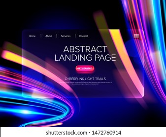 An abstract cyberpunk style of light trails for landing page design. Template or background design for website user interface that are suitable for technological theme, cyberpunk art or others.