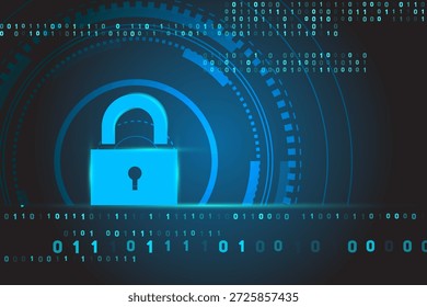 Abstraktes Konzept der Cybersicherheit. Ein leuchtendes blaues Vorhängeschloss auf digitalem Hintergrund mit konzentrischen Kreisen und Binärkodeströmen wie 01110111010010 und 001011100010110.
