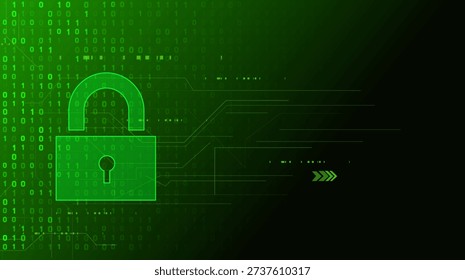 Abstract cybersecurity concept with a glowing green padlock on a digital background of binary code and circuit lines. Technology of data protection and privacy.