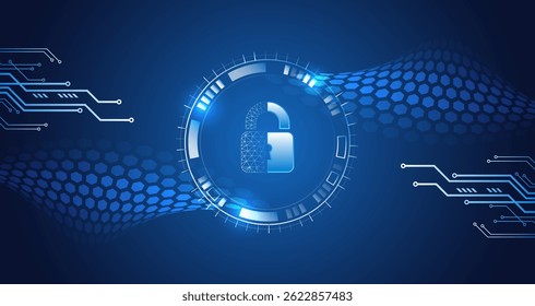 Abstrato conceito de segurança cibernética com ícone de cadeado brilhante, linhas de circuito digital e fundo de onda hexagonal. Ilustração da proteção de dados, violação do sistema ou vulnerabilidade da rede.