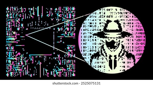 Abstract cybersecurity-themed collage with pixelated figure of a hacker with hat and glitchy artifacts.