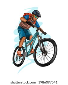 Abstract cyclist on a race track from splash of watercolors, colored drawing, realistic, athlete on a bike. Vector illustration of paints