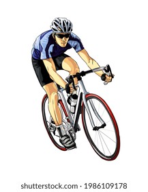 Abstract cyclist on a race track from splash of watercolors, colored drawing, realistic, athlete on a bike. Vector illustration of paints