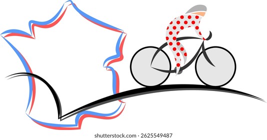 Um ciclista abstrato em camisa vermelha polka-dot com um mapa de França sobre fundo transparente