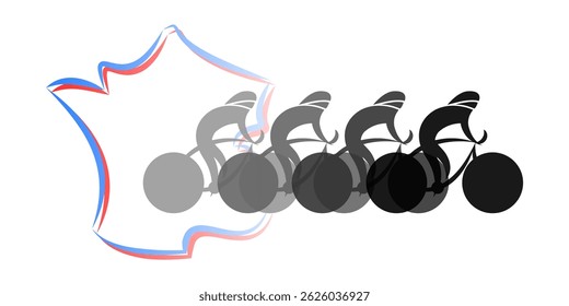 Um ciclista abstrato em tons de cinza com um mapa de França, em movimento, sobre um fundo transparente