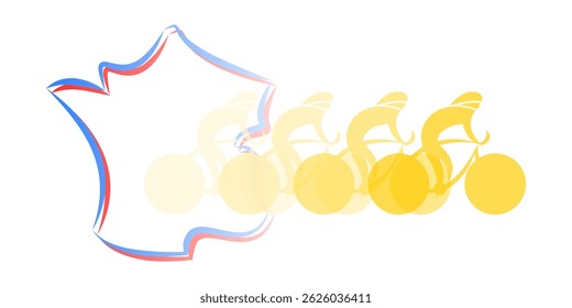 Um ciclista abstrato em tons de amarelo com um mapa de França, em movimento, sobre um fundo transparente