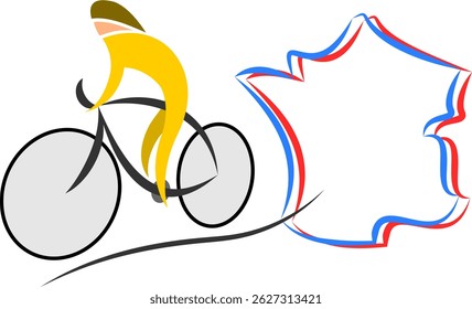Um ciclista abstrato em camisa amarela com um mapa de França sobre fundo transparente