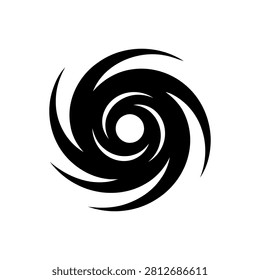 Abstract cyclone symbol depicting powerful rotating winds and stormy weather patterns isolated on white background. Minimalist black vector graphic suitable for climate reporting meteorology infographics and environmental awareness campaigns showing hurricane vortex movement.