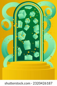 Abstract cylinder pedestal podium. Yellow, Green and Turquoise stage showcase for presentation. Mockup vector minimal geometric product display.