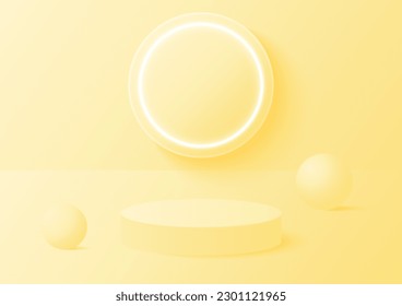 Abstract cylinder podium in the room with glowing neon ring on background, yellow color, vector geometric platform illustration for product display presentation, promotion banner.