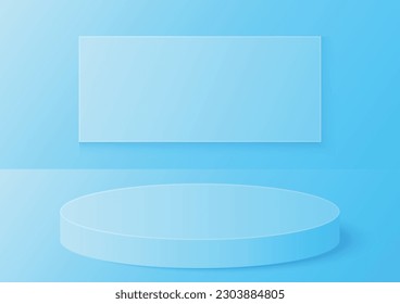 Resumen de podio de cilindro en la sala con marco rectangular en el fondo, color azul, ilustración de plataforma geométrica vectorial para presentación de producto, banner de promoción.