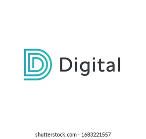 Abstract D letter, blue linear logo template, flat maze emblem. Concept logotype design for business and information technology. Vector logo.